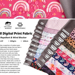 Könnte beinhalten: Eine Auswahl an farbenfrohen Digitaldruckstoffen mit Regenbogen-, Blumen- und Tiermustern. Der Stoff ist wasserabweisend und winddicht, hergestellt aus 95 % Polyester und 5 % Elasthan. Der Stoff ist 450 Gramm pro Meter und 146 Zentimeter breit.