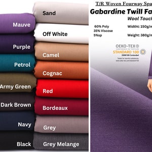 Wool Touch 4 way spandex Gabardine fabric / Suits, pants, dresses ,Overcoats, Trousers/Slacks, jackets , Uniforms,