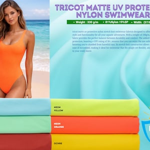 Puede incluir: Un traje de baño de nailon naranja con cuello redondo se muestra. La imagen también muestra rollos de tela en varios colores: menta, verde neón, rojo ladrillo, amarillo neón, naranja neón y ocre. El texto indica que la tela es de protección UV con una clasificación UPF 50+.