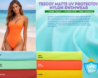 May include: An orange nylon swimsuit with a scoop neckline is displayed. The image also shows rolls of fabric in various colors: mint, neon green, brick red, neon yellow, neon orange, and ochre. The text indicates the fabric is UV protective with a UPF 50+ rating.