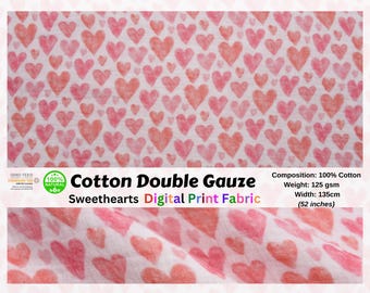 100 % coton double gaze / mousseline Sweethearts impression numérique tissu, mousseline de coton Tissus naturels pour bébé, robes, gaze froissée