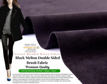 Black Melton Double Sided Brush Fabric, Black woolen Fabric, Wool Blended Material, Coat making Fabric, Fall Winter Textiles
