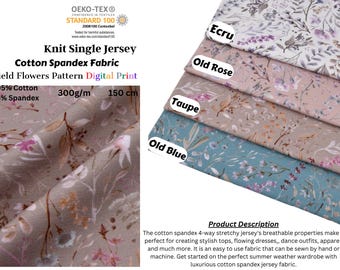Knit Cotton Spandex Jersey Field Flowers  Digital  Print Fabric - 5034