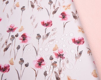 May include: Soft shell fabric with a floral print of pink poppies and butterflies on a white background. The fabric is water repellent, breathable, and has a TPU layer bonded to it.