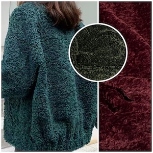 May include: Two close-up images of fuzzy fabric. The first image shows a dark teal fabric. The second image shows a dark burgundy fabric.