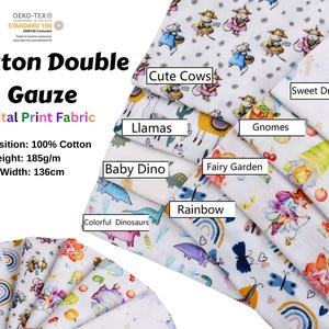 Double Gauze Muslin Digital Print Fabric Muslin Double Gauze fabric Dinosaur , Fairy , Llama Natural fabrics with flower prints