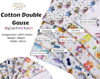 Tejido de muselina de doble gasa con estampado digital Tejido de muselina de doble gasa Dinosaurio, Hada, Llama Tejidos naturales con estampados de flores