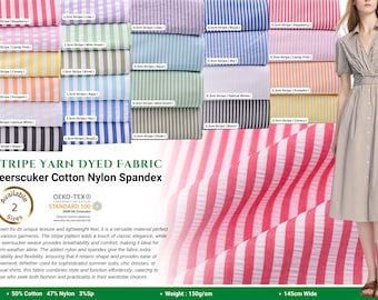 Tela clásica de algodón, nailon y elastano con rayas teñidas en hilo, estilo seersucker. Tela de rayas azules. Tela clásica de rayas seersucker azul marino y blanco.