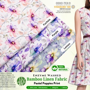 Linen Bamboo Natural Fabric Pastel Poppies -5488 Soft Drape, Sleepwear, Blouses, Bamboo Fiber, Ultra-soft Bamboo Linen, poppies print, flora