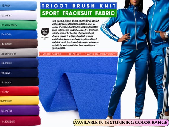 Tracksuit Tricot Brush Knit Sportswear / Joggers Fabric, Shiny Sheen, Soft Touch Polyester Fabric, Knit Activewear, Brushed tricot, Uniforms