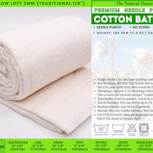 May include: A roll of off-white, low loft 3mm needle punched cotton batting. The text includes Premium Needle Punched Cotton Batting, 150 gsm, 4.4 oz per square yard, and Oeko-Tex Standard 100. Size options range from 91 x 117 cm to 310 x 305 cm.