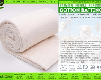 Guata de algodón perforada de primera calidad, de baja altura, 3 mm (1/8 de pulgada), guata para acolchado, algodón natural, sin refuerzo, suministros para acolchado, manualidades, manta para cuna, individual o king size.