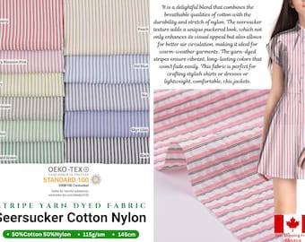 Tela moderna de seersucker de algodón, nailon y licra, con hilo teñido a rayas, tela de rayas azules, tela clásica de seersucker a rayas azul marino y blanco.