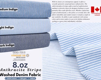 8 Unzen Anthrazit Streifen Washed Denim Stoff, Nadelstreifen Denim, Gestreift Denim, Indigo Streifen Denim, 0,4 cm Streifen, Baumwoll Denim
