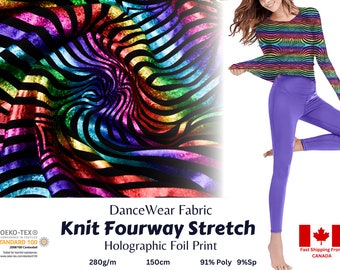 May include: Rainbow holographic foil print knit fabric with four-way stretch. The fabric is black with rainbow stripes and is shown draped and on a model wearing a long-sleeved shirt made from the fabric. The fabric is 91% polyester and 9% spandex and weighs 280 grams per square meter. The fabric is 150 centimeters wide.
