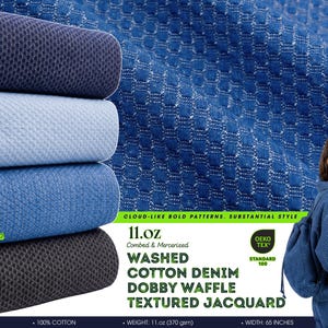 11oz tvättad bomullsdenim Dobby Waffle texturerad jacquardtyg – kammad och merceriserad – 7426 på meter för jackor, rockar och designertyg