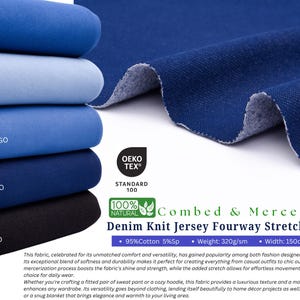 May include: A display of denim knit jersey fabric samples in various blue and black hues, labelled "DARK INDIGO", "LIGHT INDIGO", "MEDIUM INDIGO", "BRIGHT INDIGO", and "BLACK INDIGO". The fabric is 150cm wide and weighs 320g/sm.