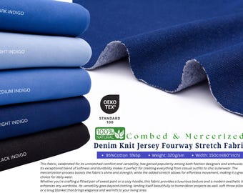 May include: A stack of denim knit jersey fabric samples in shades of blue and black, with the text "DARK INDIGO", "LIGHT INDIGO", "MEDIUM INDIGO", "BRIGHT INDIGO", and "BLACK INDIGO". The fabric is 60 inches wide and has a weight of 320g/sm.