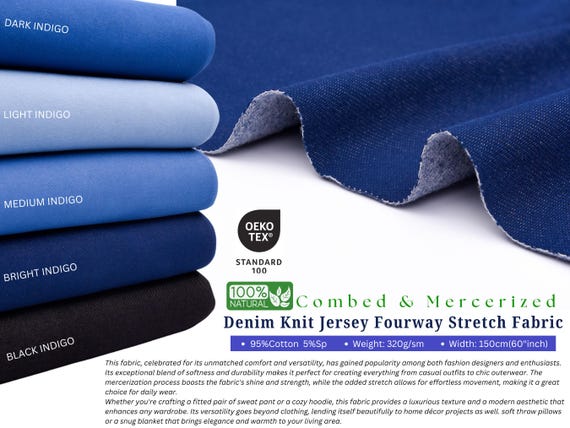 4-Way Stretch Denim Knit Jersey Fabric, Cotton Spandex, T-shirt, Jersey dress fabric, Leggings fabric, Denim cotton, jeans, Jersey knit,