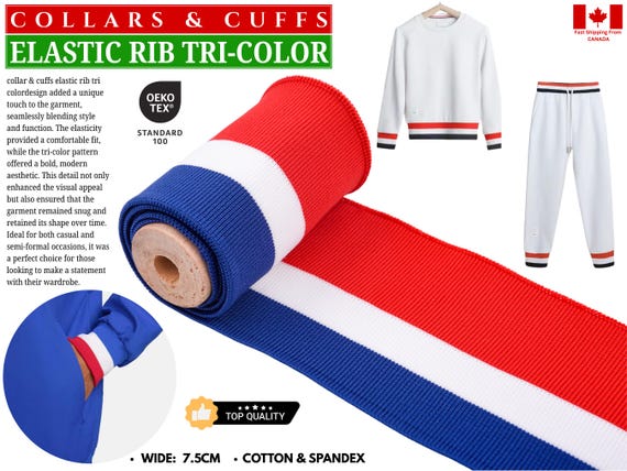 Elastic Rib Tri-Color Cuffing , Rib Knit Seamless Cuff Fabric, Elastic Rib Cuffing, Cuff for Sleeves ,Bomber Jackets, 3 inches, Binding Knit