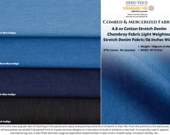 Tela vaquera Chambray elástica de algodón de 4,8 oz, tela vaquera elástica ligera de peso ligero/56 pulgadas de ancho