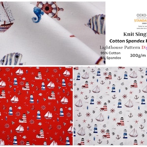 Knit Cotton  Spandex Jersey Lighthouse Digital  Print Fabric - 5052