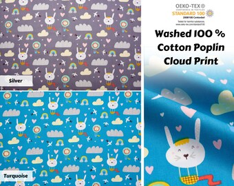 May include: Washed 100% cotton poplin fabric with a cloud print featuring bunnies, rainbows, and suns. The fabric is available in two colors: silver and turquoise.