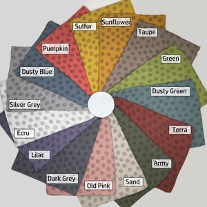 May include: A color chart of fabric swatches with a sunburst pattern. The swatches are arranged in a circle and labeled with color names: Pumpkin, Dusty Blue, Silver Grey, Ecru, Lilac, Dark Grey, Old Pink, Sand, Army, Terra, Dusty Green, Green, Taupe, Sunflower, and Sulfur.