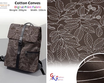 100% Cotton Half Panama Printed Fabric / Canvas printed Fabric / Grey White Leaves Digital Print  Fabric