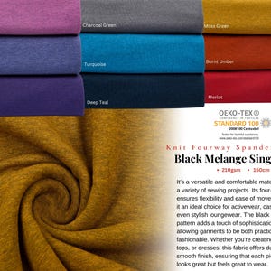 4-Way Stretch Soft Cotton Jersey, Czarny melanżowy materiał Fourway Single Jersey, Tkanina sportowa, T-shirt, Bielizna, Tkanina na legginsy