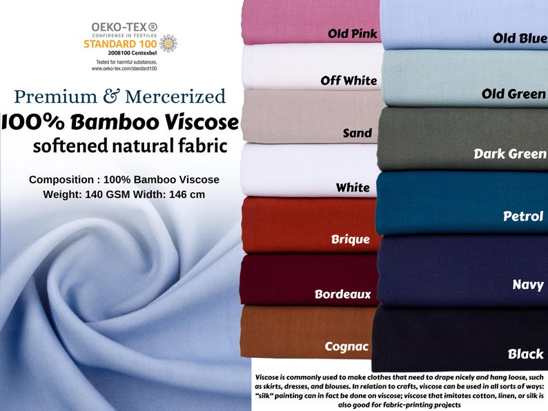 May include: A stack of 12 fabric swatches in various colors, including old pink, off white, sand, white, brique, bordeaux, cognac, old blue, old green, dark green, petrol, and navy. The fabric is 100% bamboo viscose, 140 GSM, and 146 cm wide. The fabric is soft and natural, and is ideal for draping and hanging loose. The fabric is also good for crafts, such as painting and fabric-printing projects.