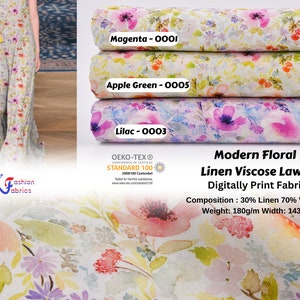 Peut inclure: Un gros plan sur un tissu floral avec un motif ressemblant &agrave; une aquarelle. Le tissu est disponible en trois couleurs&nbsp;: magenta, vert pomme et lilas. Le tissu est compos&eacute; de 30&nbsp;% de lin et de 70&nbsp;% de viscose et a une largeur de 180&nbsp;g/m. Le tissu est certifi&eacute; OEKO-TEX Standard 100.