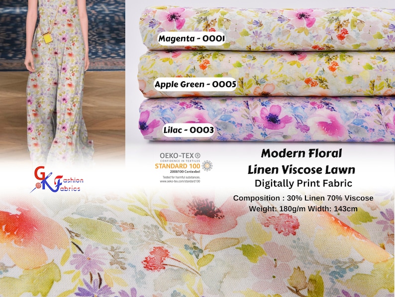 Peut inclure: Un gros plan sur un tissu floral avec un motif ressemblant &agrave; une aquarelle. Le tissu est disponible en trois couleurs&nbsp;: magenta, vert pomme et lilas. Le tissu est compos&eacute; de 30&nbsp;% de lin et de 70&nbsp;% de viscose et a une largeur de 180&nbsp;g/m. Le tissu est certifi&eacute; OEKO-TEX Standard 100.