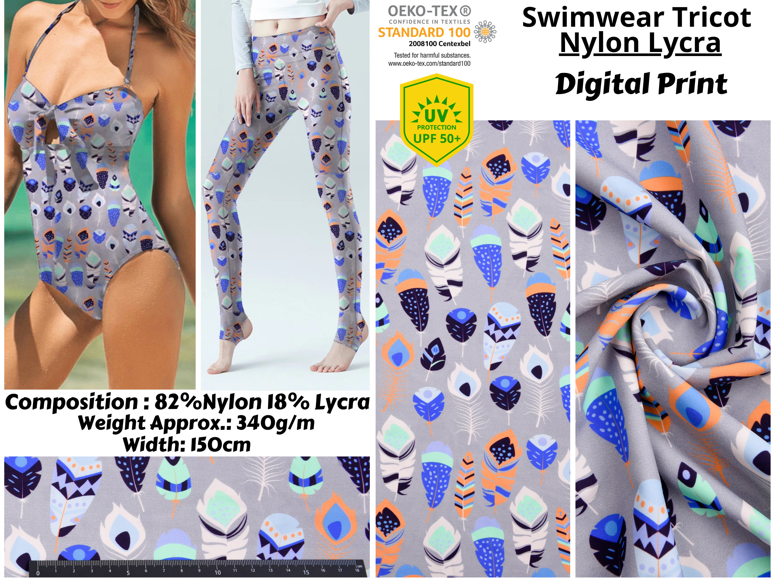 82% Nylon 18% Spandex digital printing 4 way stretch lycra swimwear fabric