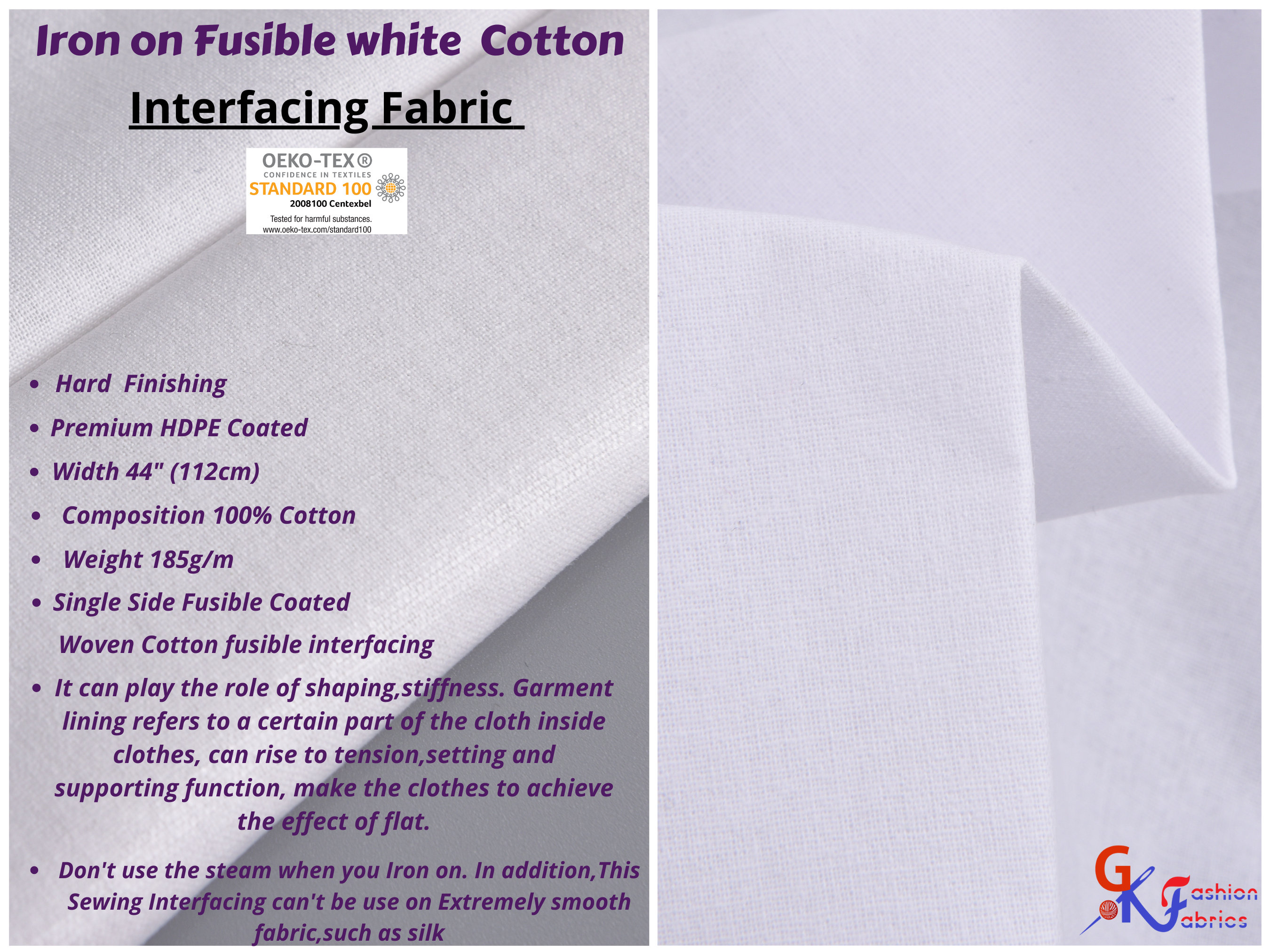 Iron on Fusible Single Side White Cotton Interfacing Fabric. Hard Finishing  