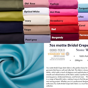 Puede incluir: Muestra de retales de tela de varios colores, incluyendo oliva, marino y negro, junto con tonos de rosa, rojo y morado. La imagen tambi&eacute;n presenta un primer plano de tela turquesa y el texto "7oz matte Bridal Crepe Satin", 148cm de ancho.