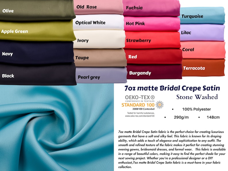 Puede incluir: Muestra de retales de tela de varios colores, incluyendo oliva, marino y negro, junto con tonos de rosa, rojo y morado. La imagen tambi&eacute;n presenta un primer plano de tela turquesa y el texto "7oz matte Bridal Crepe Satin", 148cm de ancho.