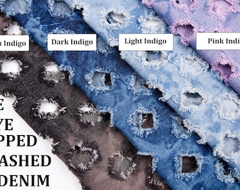 May include: Four different shades of denim fabric, from brown indigo to pink indigo, with a tie-dye effect and ripped detailing. The fabric is arranged in a diagonal pattern, with the darkest shade at the bottom and the lightest shade at the top. The text "TIE DYE RIPPED WASHED DENIM" is printed in black on a white background.