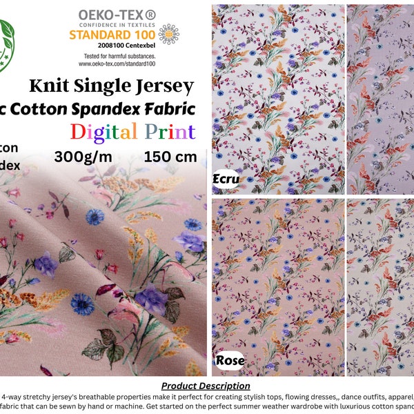 Organic Knit Cotton Spandex Jersey Wild Flowers  Digital  Print Fabric - 5037