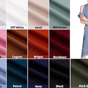 May include: A color chart showing 12 different fabric swatches. The swatches are arranged in three rows of four. The colors are: white, off white, sand, old green, old pink, cognac, brique, bordeaux, old blue, petrol, navy, black, and dark green.