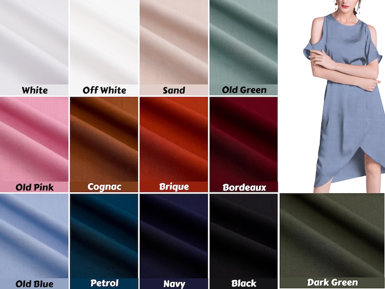 May include: A color chart showing 12 different fabric swatches. The swatches are arranged in three rows of four. The colors are: white, off white, sand, old green, old pink, cognac, brique, bordeaux, old blue, petrol, navy, black, and dark green.