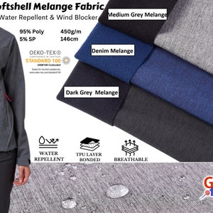 May include: A close-up of a gray softshell melange fabric with a red zipper. The fabric is water repellent and wind blocker. The fabric is 95% polyester and 5% spandex. The fabric is 450 grams per square meter and 146 centimeters wide. The fabric is Oeko-Tex Standard 100 certified. The fabric is also breathable and has a TPU layer bonded to it.