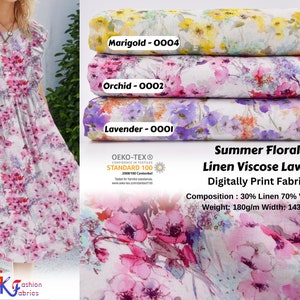 Peut inclure: Tissu imprim&eacute; num&eacute;riquement en lin et viscose, motif floral d'&eacute;t&eacute;, en lavande, orchid&eacute;e et marigold. Le tissu est compos&eacute; de 30% de lin et de 70% de viscose, p&egrave;se 180g/m et a une largeur de 143cm. Certifi&eacute; OEKO-TEX&reg; STANDARD 100.