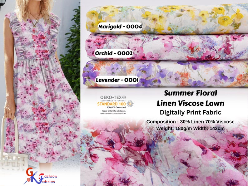 Peut inclure: Tissu imprim&eacute; num&eacute;riquement en lin et viscose, motif floral d'&eacute;t&eacute;, en lavande, orchid&eacute;e et marigold. Le tissu est compos&eacute; de 30% de lin et de 70% de viscose, p&egrave;se 180g/m et a une largeur de 143cm. Certifi&eacute; OEKO-TEX&reg; STANDARD 100.