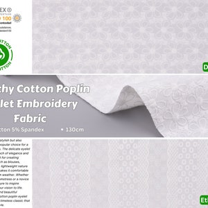 Stretchy Cotton Poplin Eyelet Embroidery Fabric,  eyelet fabric, White Cotton Fabric With Embroidered Flower, daisy design, floral geometric