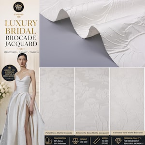 May include: White bridal brocade jacquard fabric featuring three distinct embossed floral and vine patterns. The textile is composed of 50% nylon and 50% polyester with a weight of 280 GSM and a width of 150 cm. Includes Oeko-Tex Standard 100 certification.