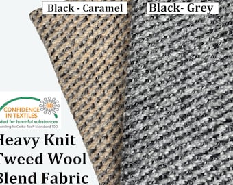 May include: Two swatches of heavy knit tweed wool blend fabric. The fabric on the left is black and caramel, and the fabric on the right is black and grey. The fabric is tested for harmful substances according to Oeko-Tex Standard 100.