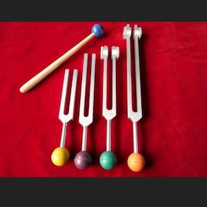 4 pc weighted om tuning fork with mallet activator and pouch for sound healing kit for use meditation relaxation
