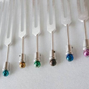 8 Chakra tuning fork with color stone smooth feeling with stone and with bag and mallet