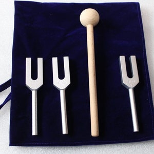 3 pc angel tuning fork set with mallet activator and pouch for sound healing kit for use meditation relaxation